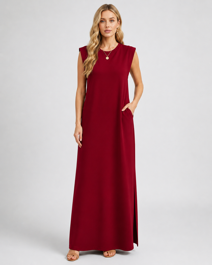 Crew Neck Maxi Column Dress - Sleeveless Padded Shoulder Long Sundress with Pockets