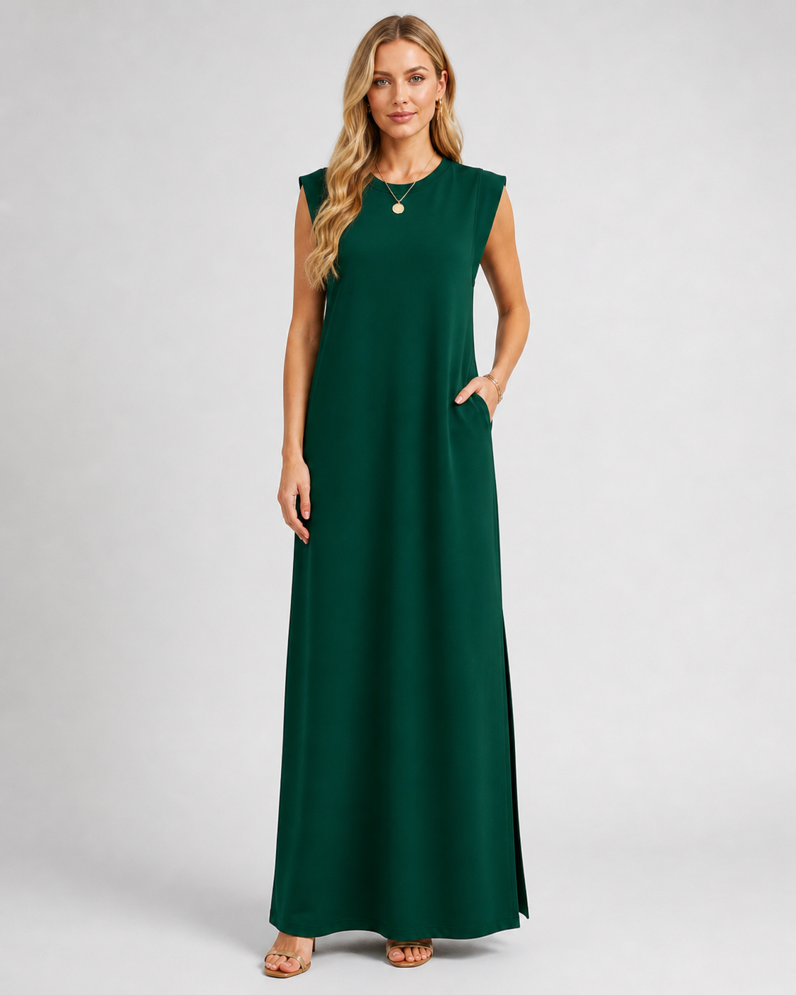 Crew Neck Maxi Column Dress - Sleeveless Padded Shoulder Long Sundress with Pockets