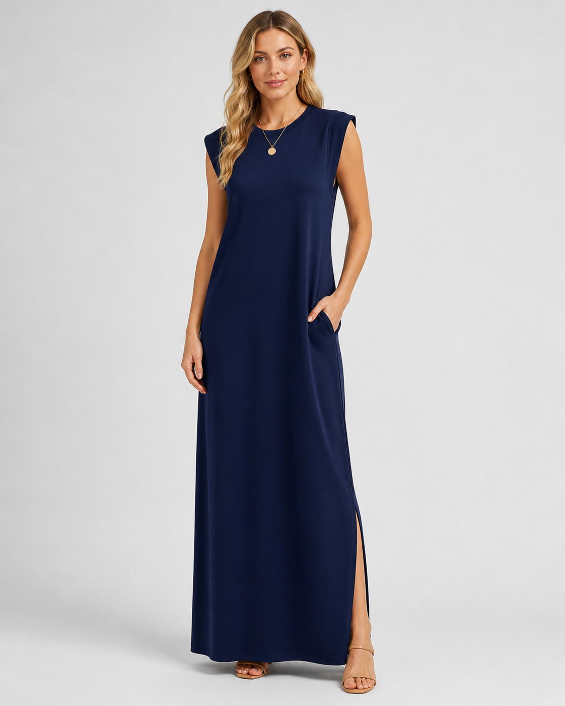 Crew Neck Maxi Column Dress - Sleeveless Padded Shoulder Long Sundress with Pockets