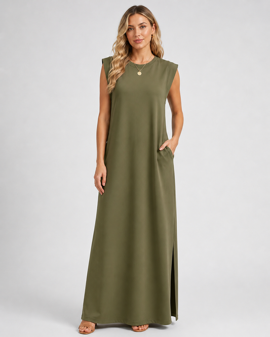 Crew Neck Maxi Column Dress - Sleeveless Padded Shoulder Long Sundress with Pockets