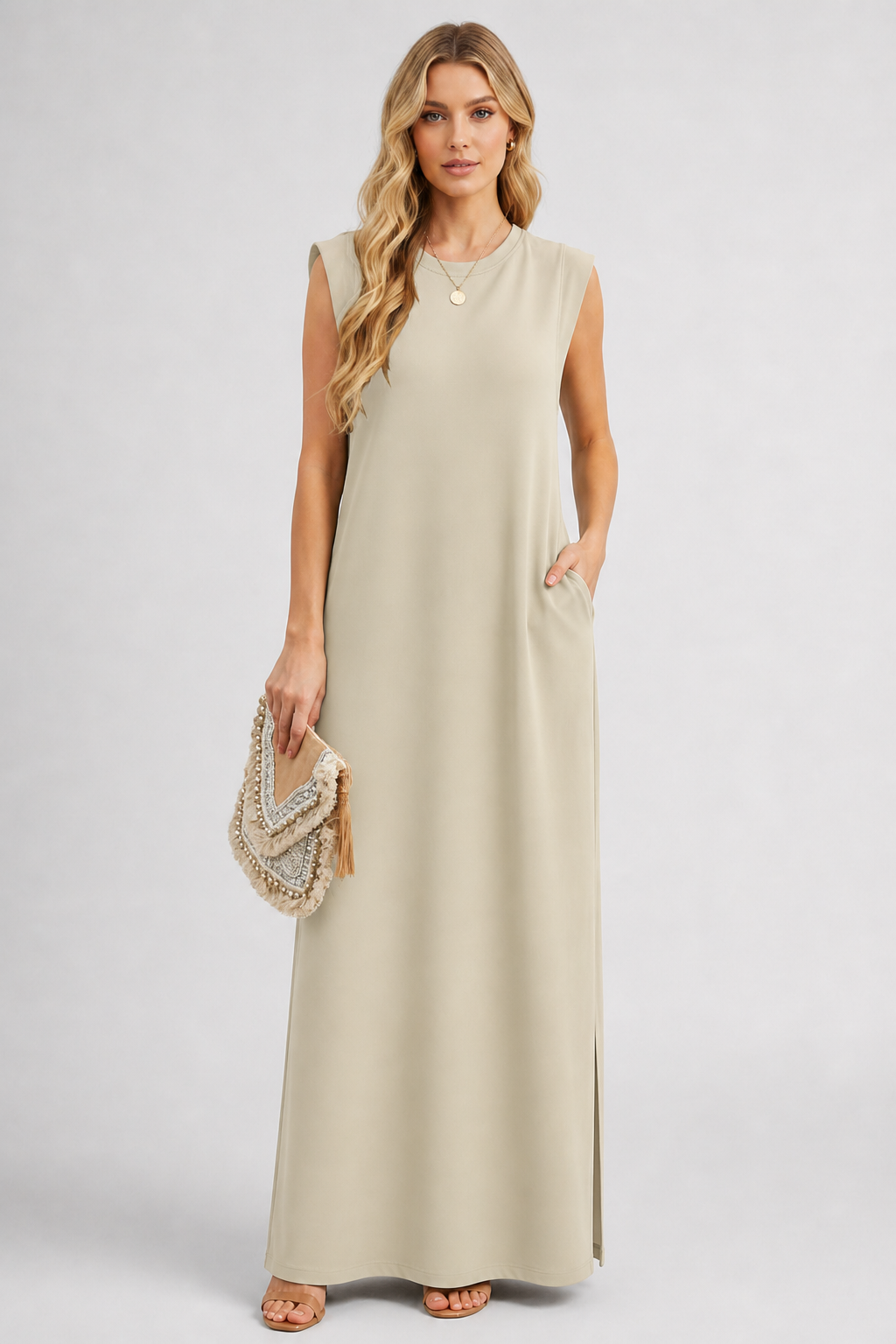Crew Neck Maxi Column Dress - Sleeveless Padded Shoulder Long Sundress with Pockets