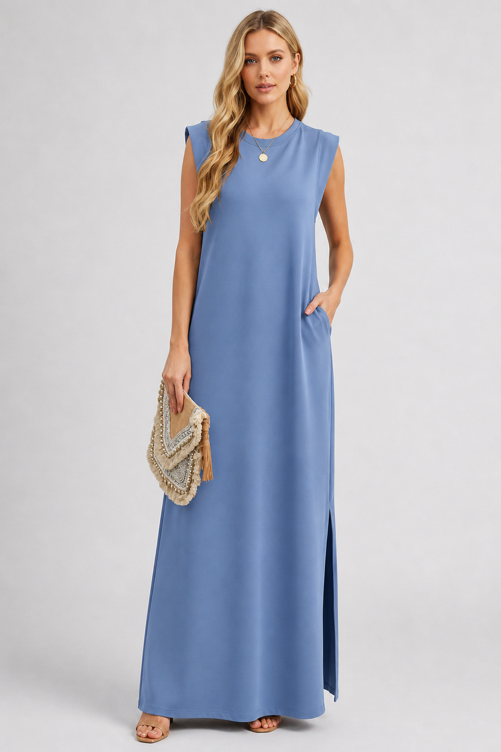 Crew Neck Maxi Column Dress - Sleeveless Padded Shoulder Long Sundress with Pockets