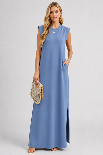 Crew Neck Maxi Column Dress - Sleeveless Padded Shoulder Long Sundress with Pockets