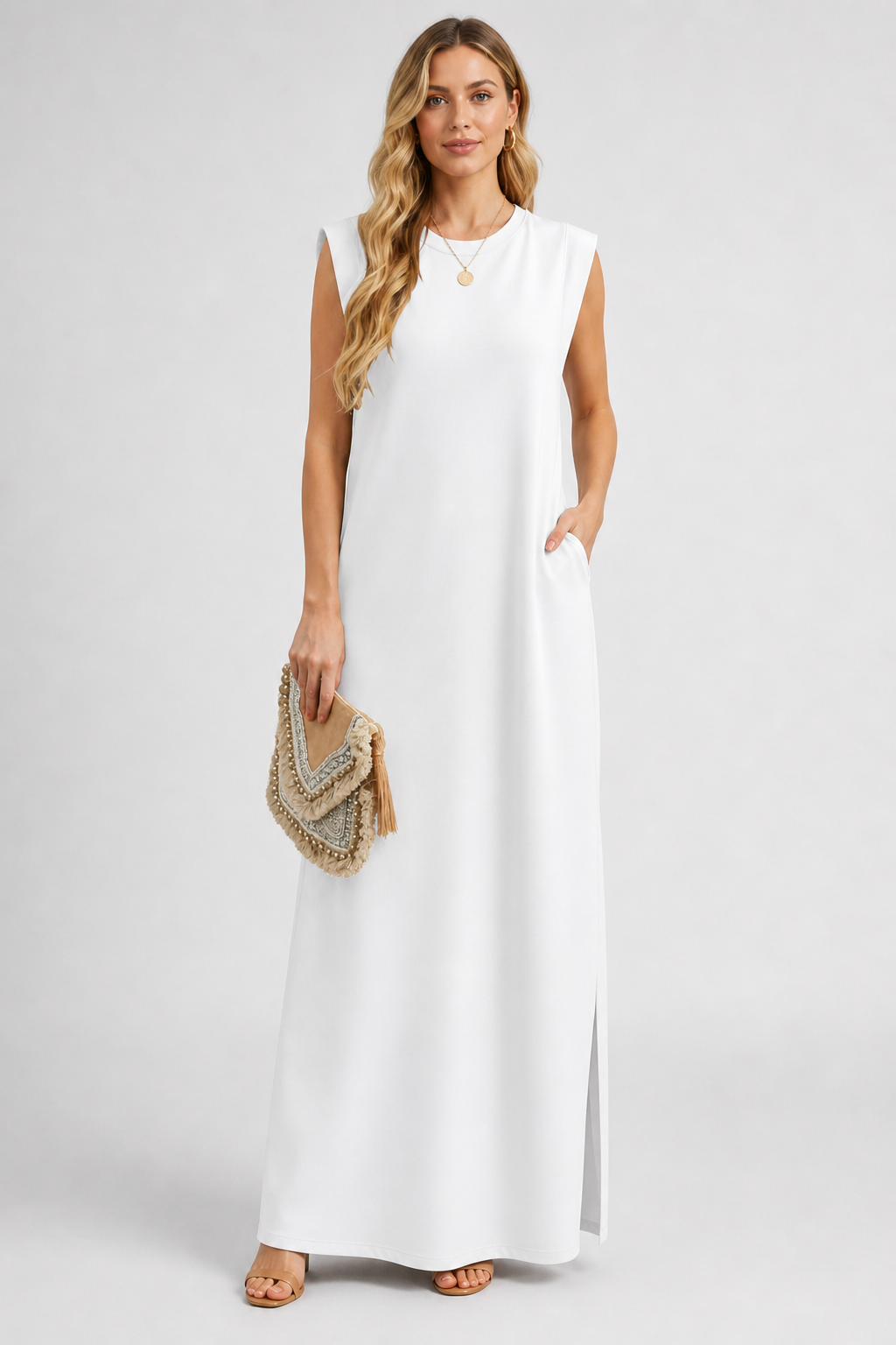 Crew Neck Maxi Column Dress - Sleeveless Padded Shoulder Long Sundress with Pockets