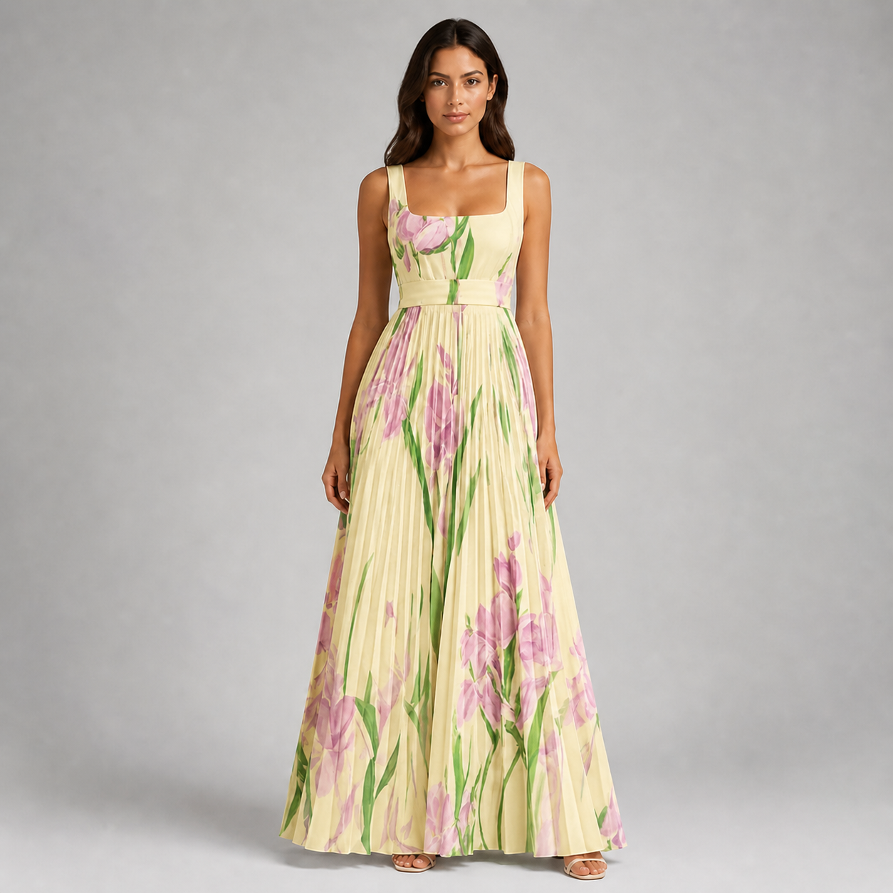 Square Neck Pleated Maxi Dress - Elegant Watercolor Floral Belted Gown