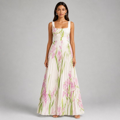 Square Neck Pleated Maxi Dress - Elegant Watercolor Floral Belted Gown