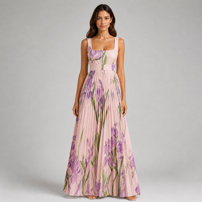 Square Neck Pleated Maxi Dress - Elegant Watercolor Floral Belted Gown