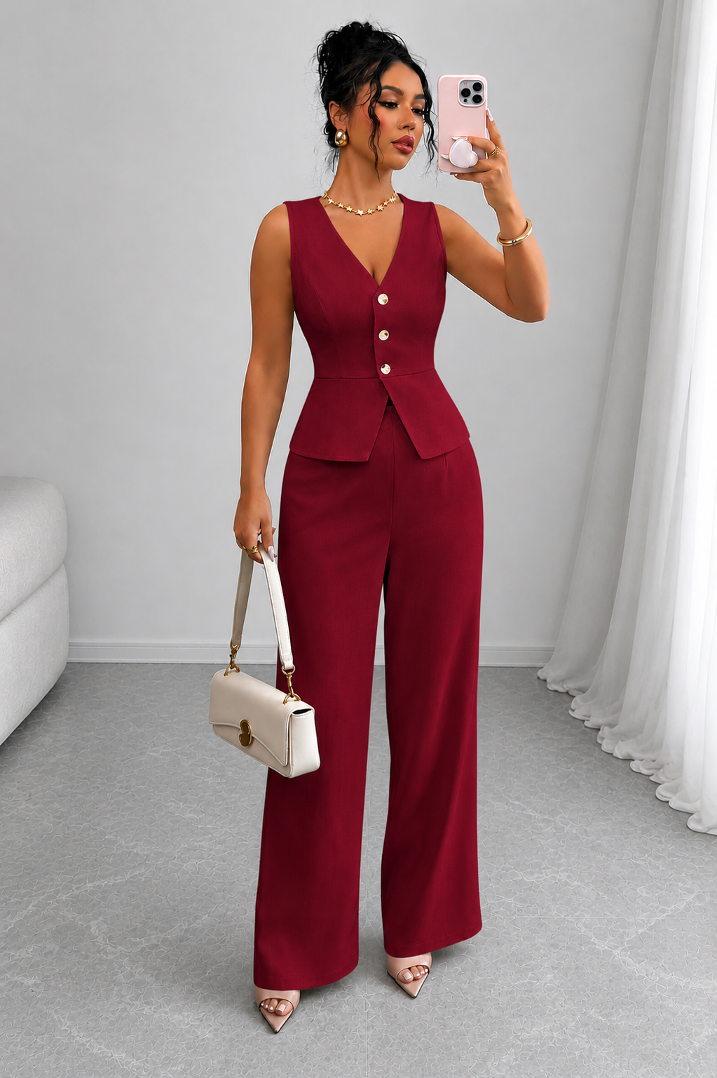 2 Piece Business Casual Outfit - Sleeveless Button-Down Vest and High-Waisted Wide Leg Pants Suit Set