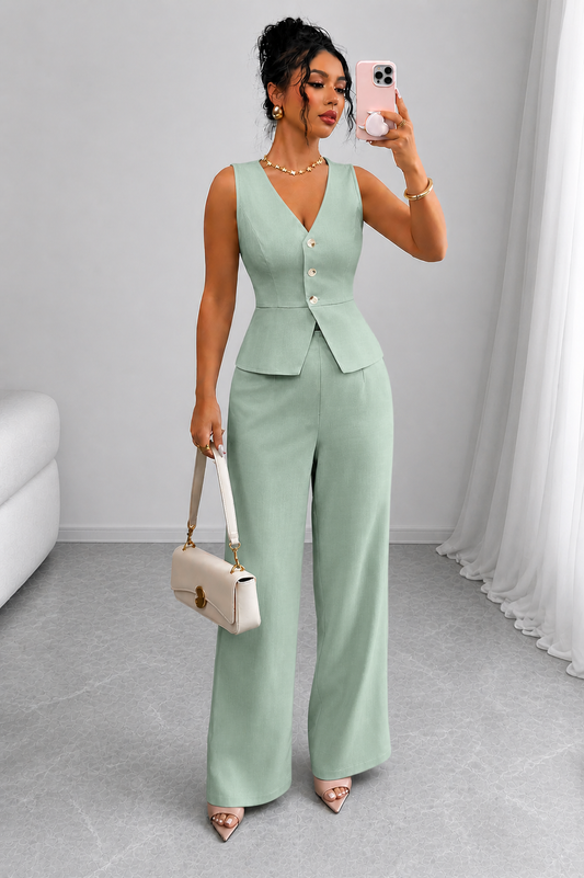 2 Piece Business Casual Outfit - Sleeveless Button-Down Vest and High-Waisted Wide Leg Pants Suit Set