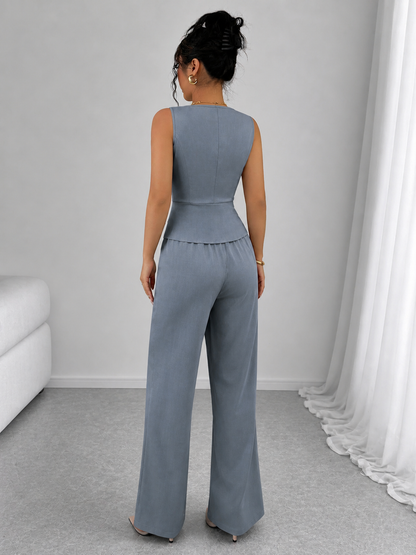 2 Piece Business Casual Outfit - Sleeveless Button-Down Vest and High-Waisted Wide Leg Pants Suit Set