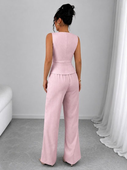 2 Piece Business Casual Outfit - Sleeveless Button-Down Vest and High-Waisted Wide Leg Pants Suit Set