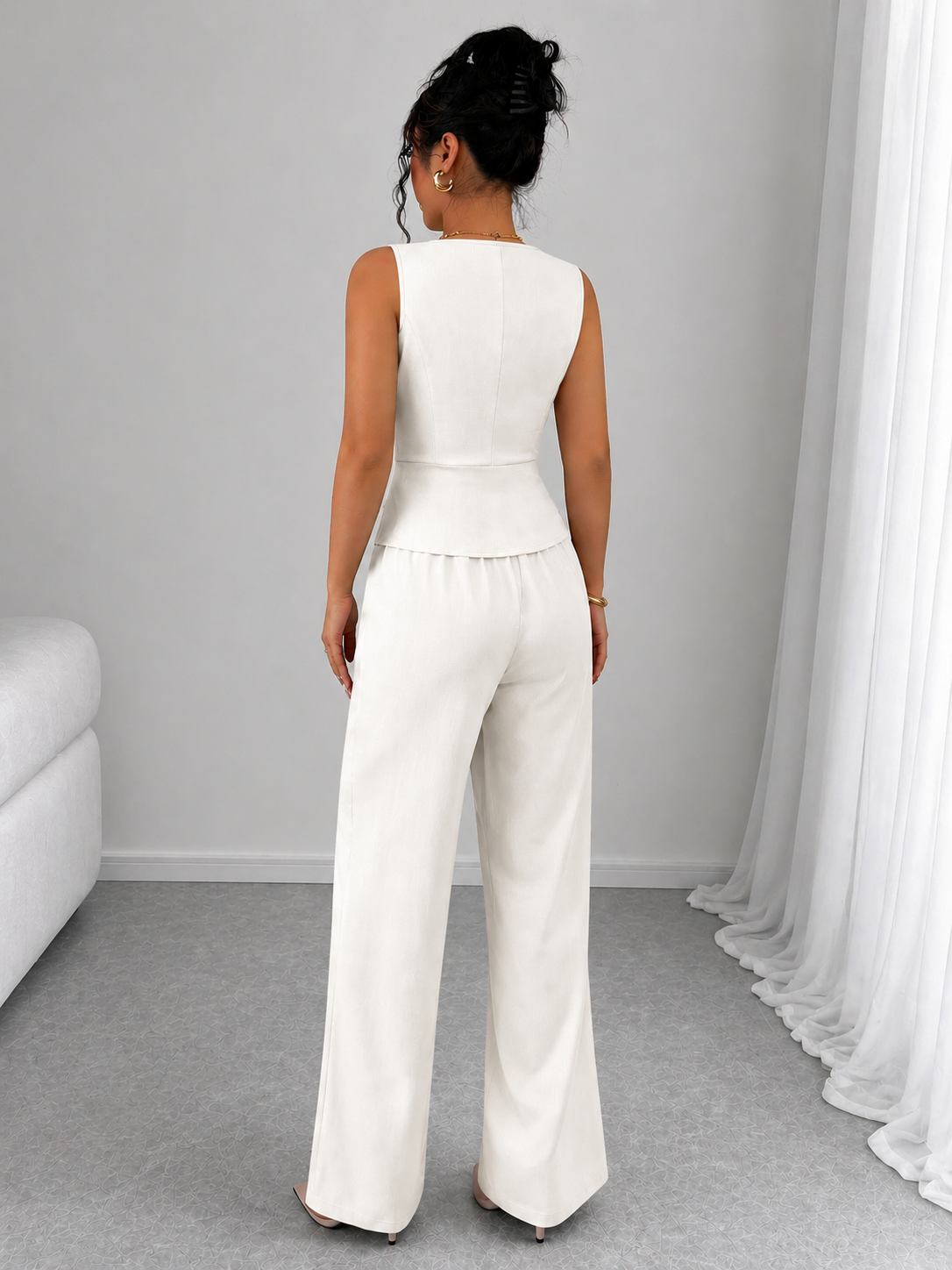 2 Piece Business Casual Outfit - Sleeveless Button-Down Vest and High-Waisted Wide Leg Pants Suit Set