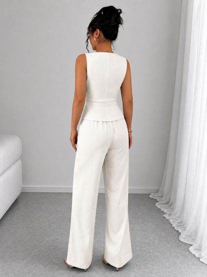 2 Piece Business Casual Outfit - Sleeveless Button-Down Vest and High-Waisted Wide Leg Pants Suit Set
