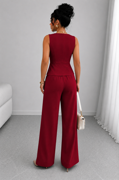 2 Piece Business Casual Outfit - Sleeveless Button-Down Vest and High-Waisted Wide Leg Pants Suit Set