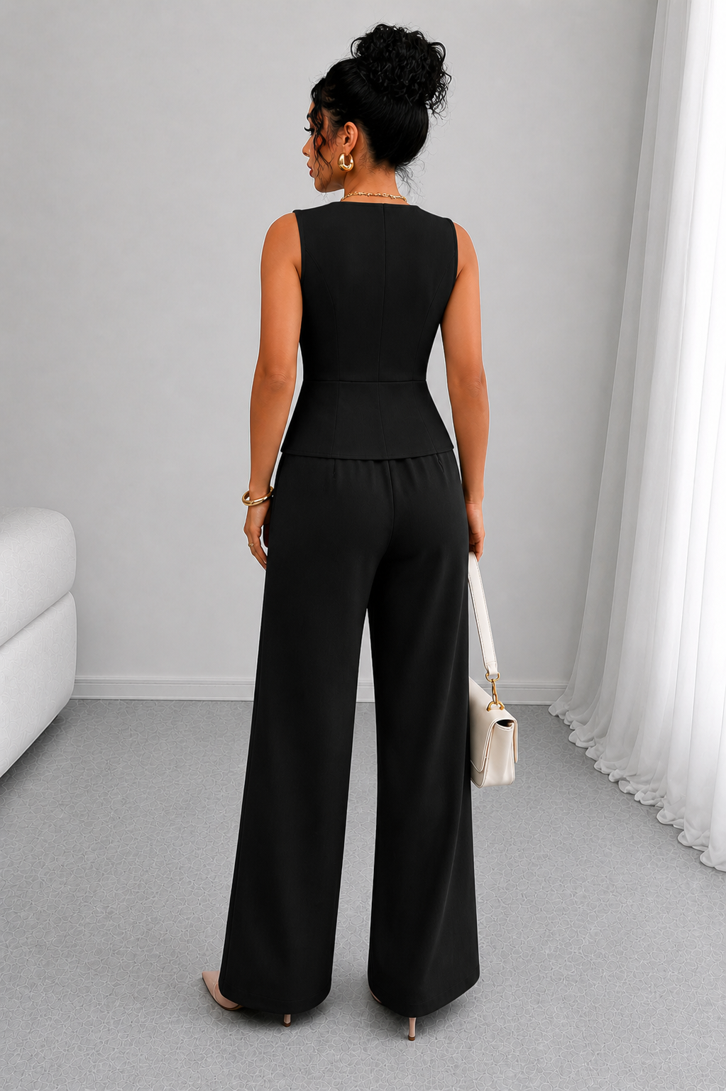 2 Piece Business Casual Outfit - Sleeveless Button-Down Vest and High-Waisted Wide Leg Pants Suit Set
