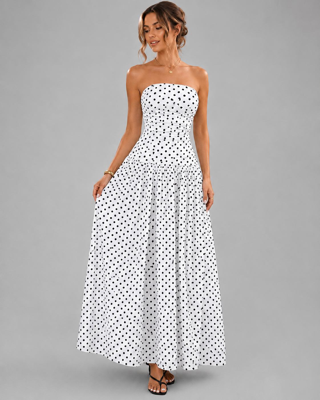 Strapless Tube Top Maxi Dress – Smocked Bust Red Polka Dot Sundress