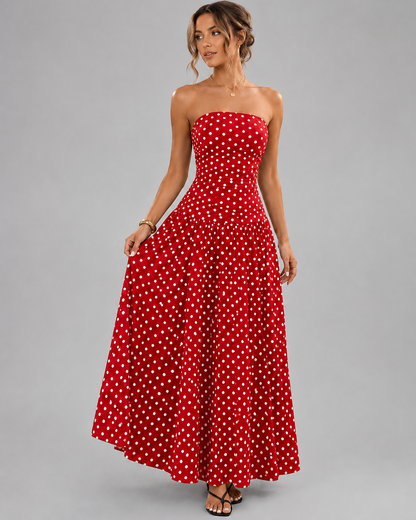 Strapless Tube Top Maxi Dress – Smocked Bust Red Polka Dot Sundress