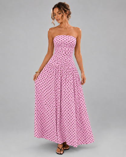 Strapless Tube Top Maxi Dress – Smocked Bust Red Polka Dot Sundress