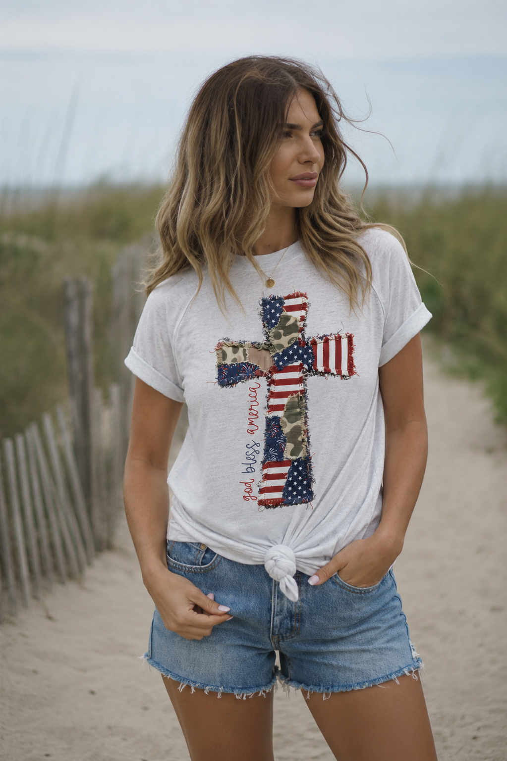 God Bless America Cross Patchwork Bella Canvas Graphic Tee