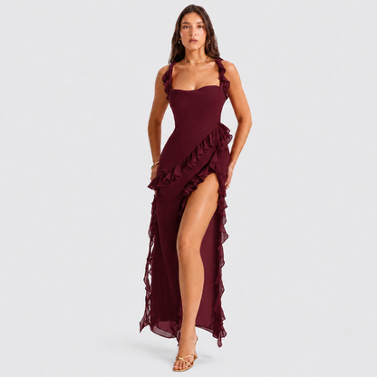 Square Neck Ruffle Maxi Dress - High Slit Sleeveless Evening Gown for Wedding Guests