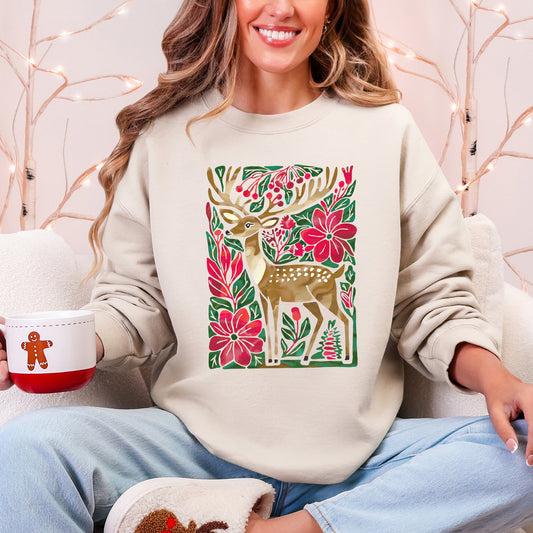 Christmas Deer With Colorful Flowers And Santa Claus In A Snowy Vintage Holiday Scene Sweatshirt