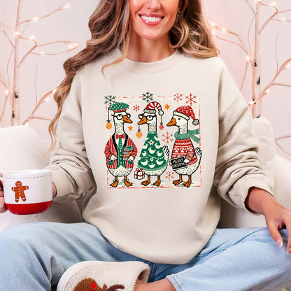 Christmas Geese Festive Holiday Illustration Vintage Retro Cozy Winter Scene Sweatshirt