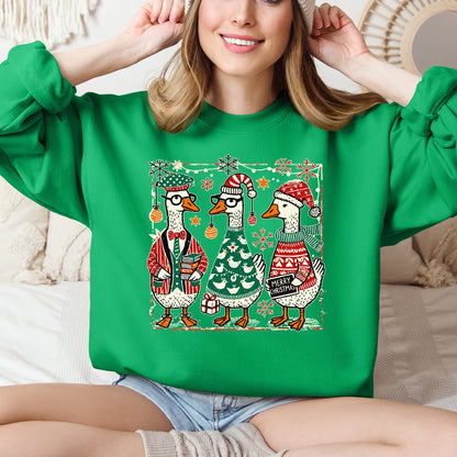 Christmas Geese Festive Holiday Illustration Vintage Retro Cozy Winter Scene Sweatshirt