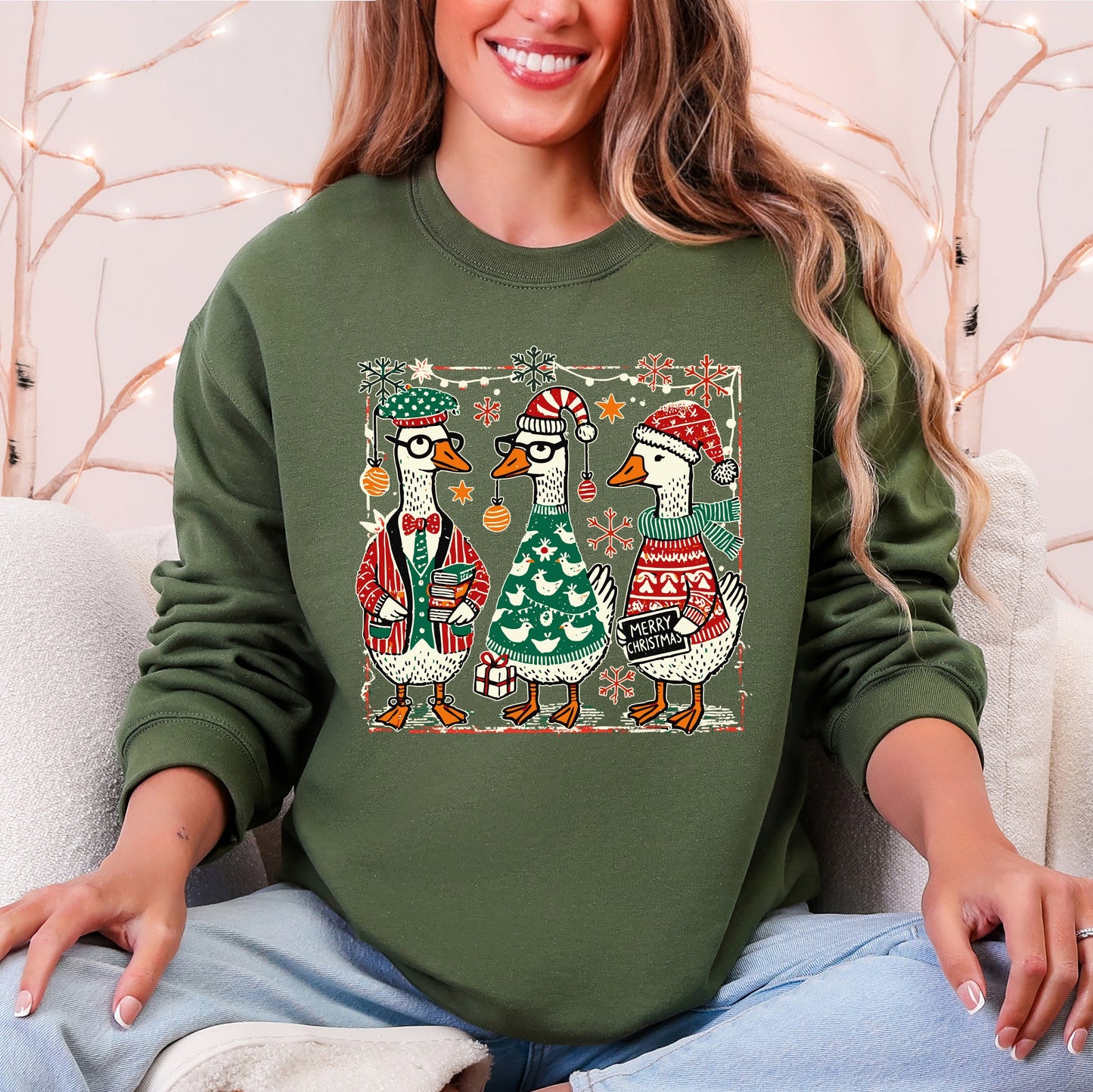 Christmas Geese Festive Holiday Illustration Vintage Retro Cozy Winter Scene Sweatshirt