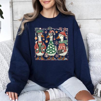 Christmas Geese Festive Holiday Illustration Vintage Retro Cozy Winter Scene Sweatshirt