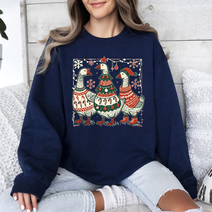 Christmas Geese Retro Festive Holiday Cheer Geese Pattern With Rustic Nordic Elements Sweatshirt