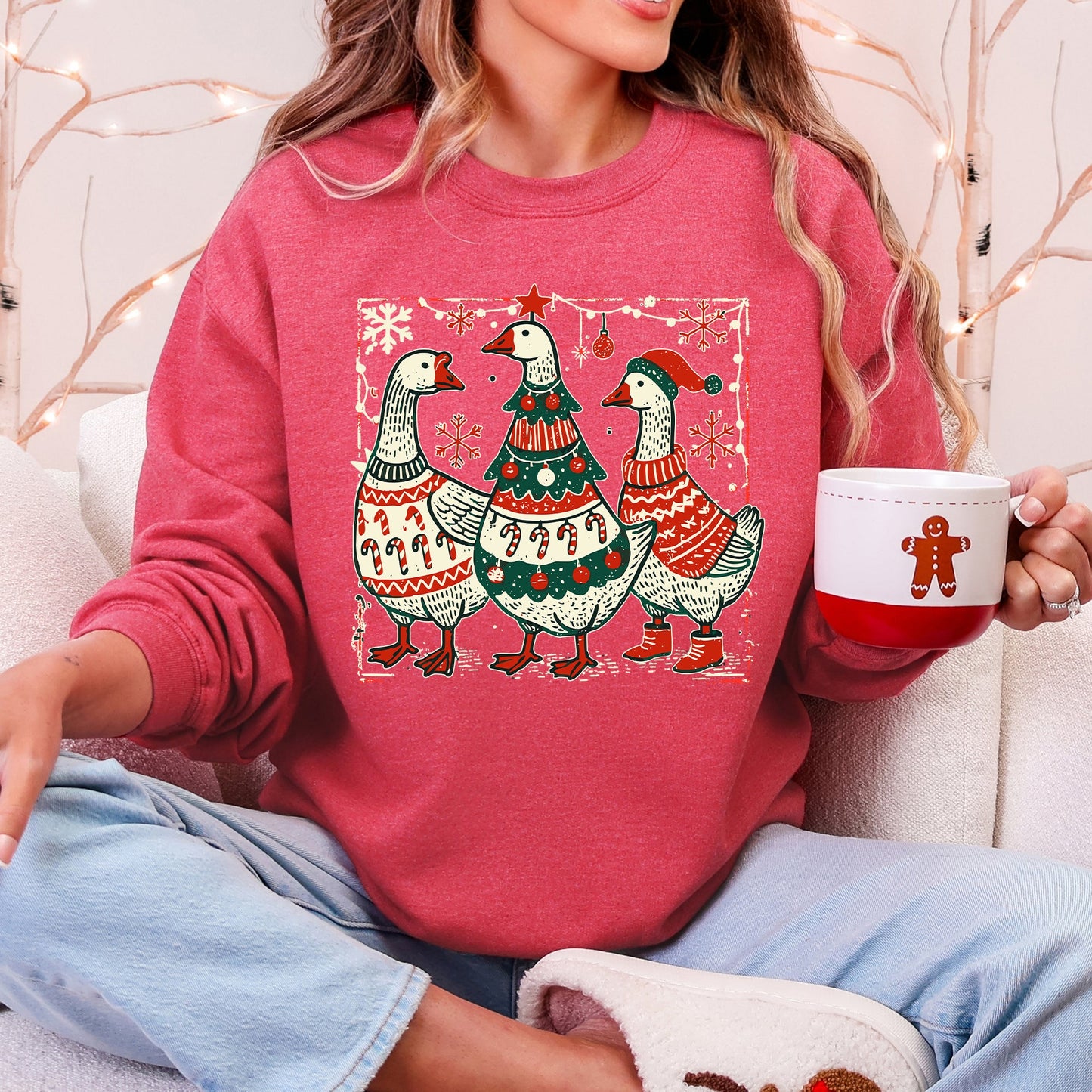 Christmas Geese Retro Festive Holiday Cheer Geese Pattern With Rustic Nordic Elements Sweatshirt