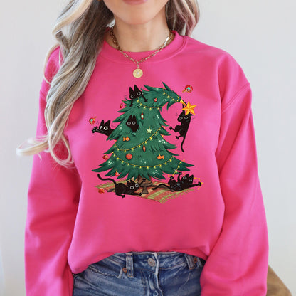 Christmas Tree Naughty Cats Santa Retro Holiday Cheer Design Graphic Vintage Sweatshirt