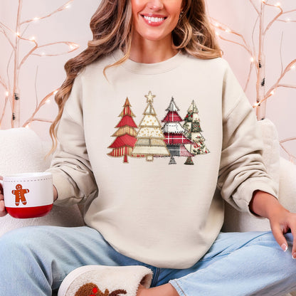 Christmas Trees, Faux Quilt, Santa Festive Holiday Scene Vintage Cozy Winter Sweatshirt