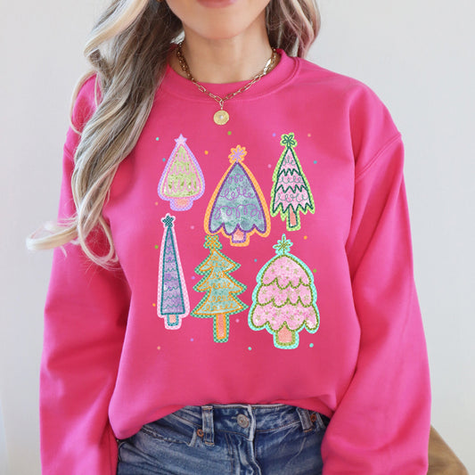 Colorful Christmas Tree Pastels Retro Hand Drawn Vintage Holiday Illustration Sweatshirt