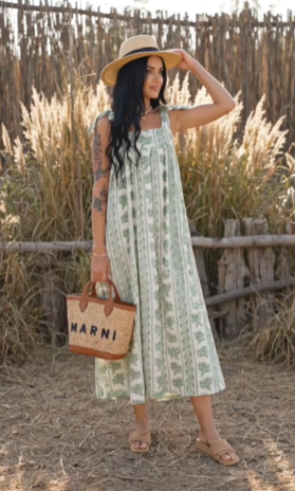 Printed Tie Shoulder Square Neck Midi Dress