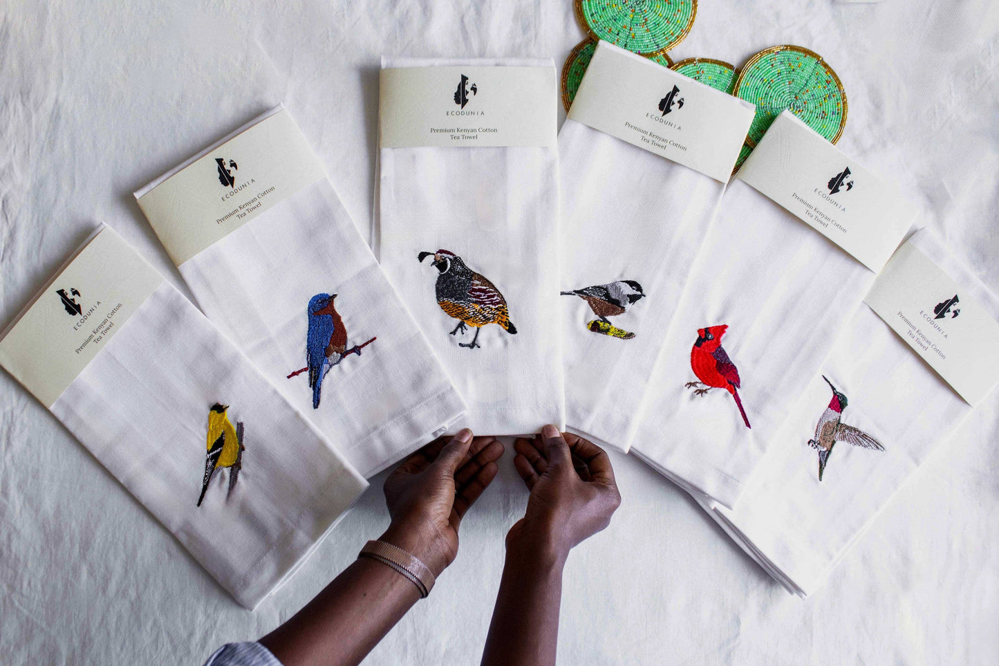 Bird Embroidered Cotton Tea Towels - Handmade Kitchen Gift