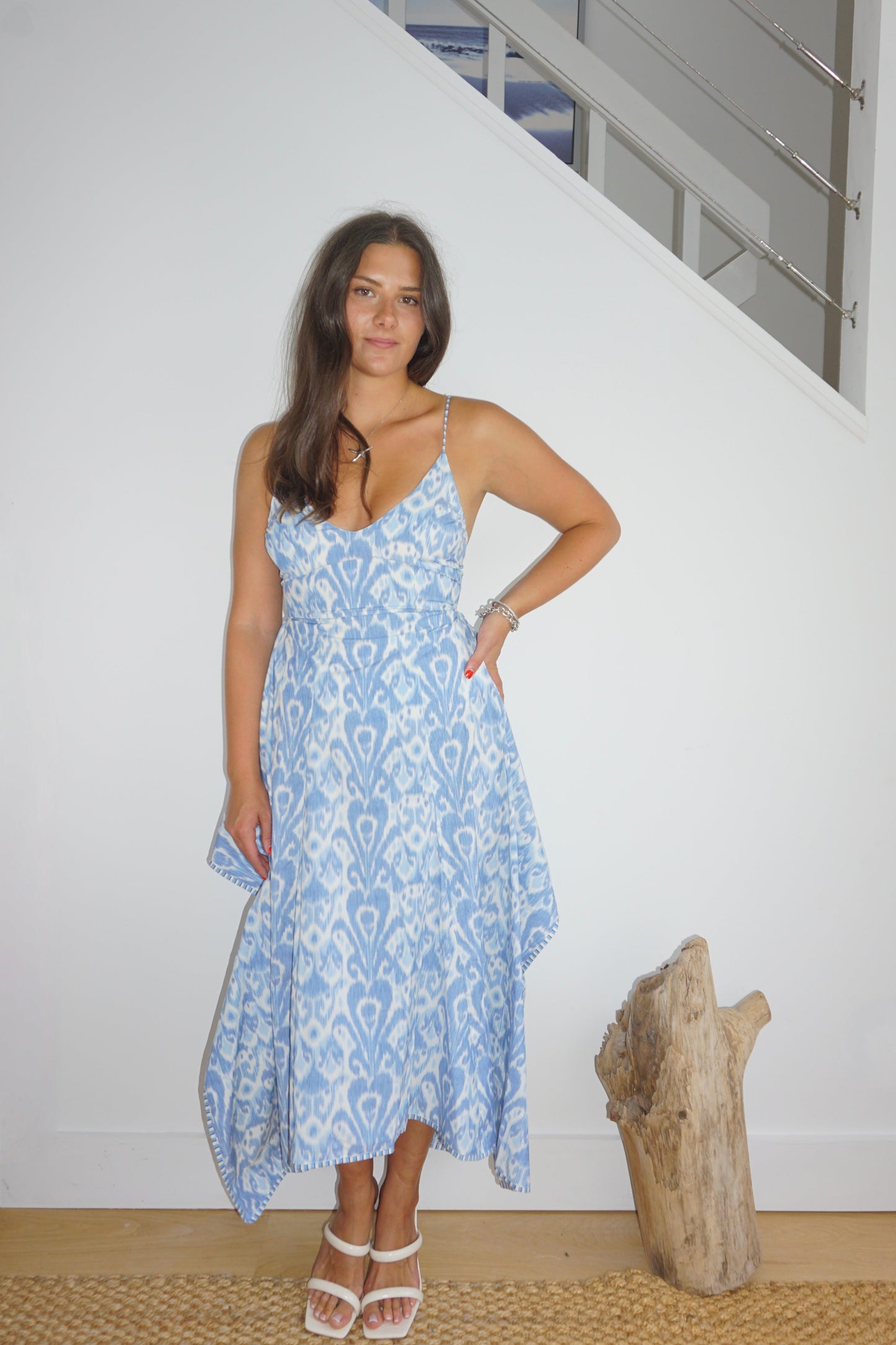 Cross Back Dress in Faded Blue Ikat