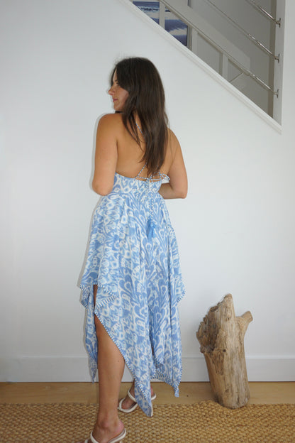 Cross Back Dress in Faded Blue Ikat