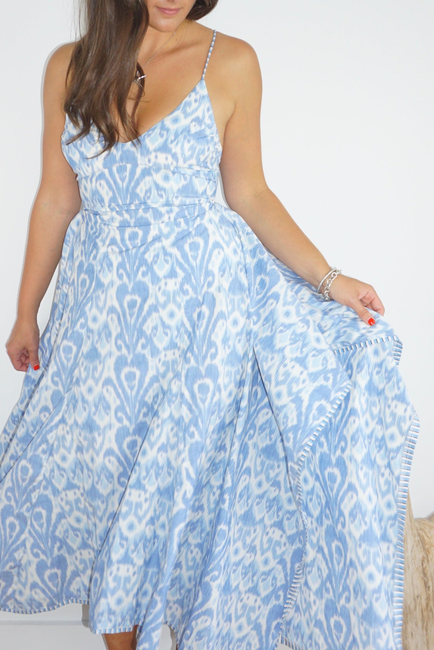Cross Back Dress in Faded Blue Ikat
