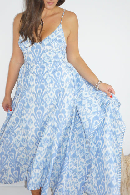 Cross Back Dress in Faded Blue Ikat