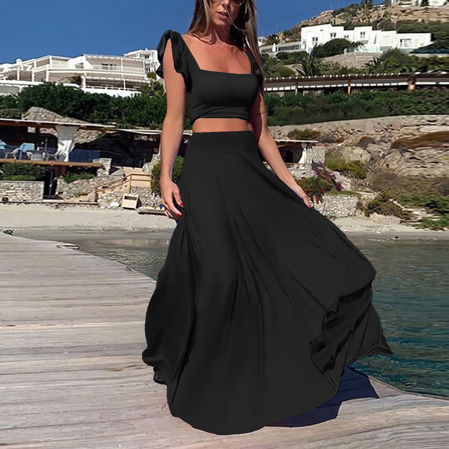 Solid color long skirt two-piece set