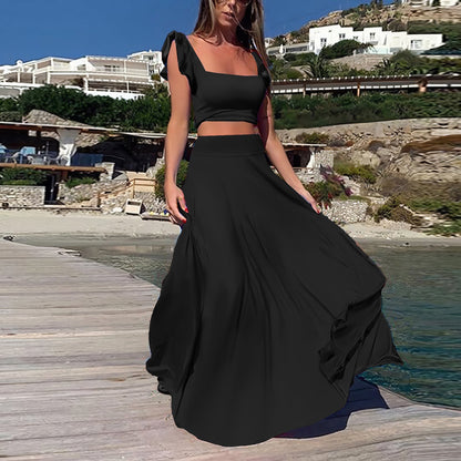 Solid color long skirt two-piece set