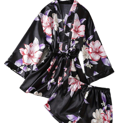 Women's Spring Summer Youth Satin-like Silk Kimono Robe Foreign Trade Floral Open Front Morning Robe Bathrobe