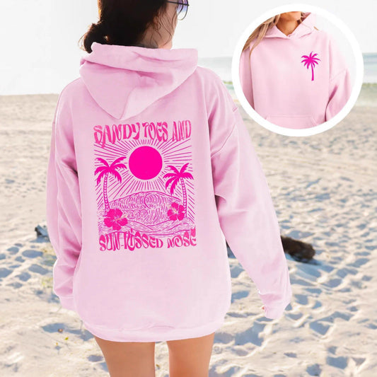 Palm Print Hoodie with Purple Bauhinia for Girls' Beach Long Sleeve Dress