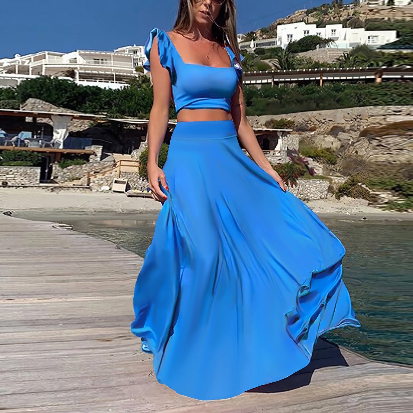 Solid color long skirt two-piece set