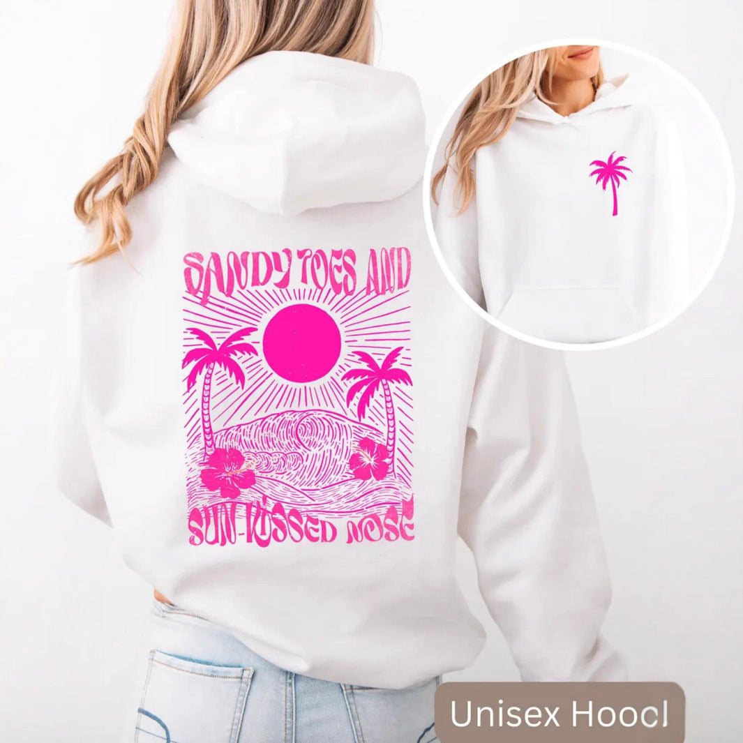 Palm Print Hoodie with Purple Bauhinia for Girls' Beach Long Sleeve Dress