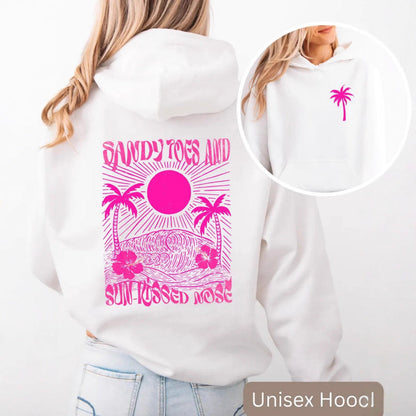 Palm Print Hoodie with Purple Bauhinia for Girls' Beach Long Sleeve Dress