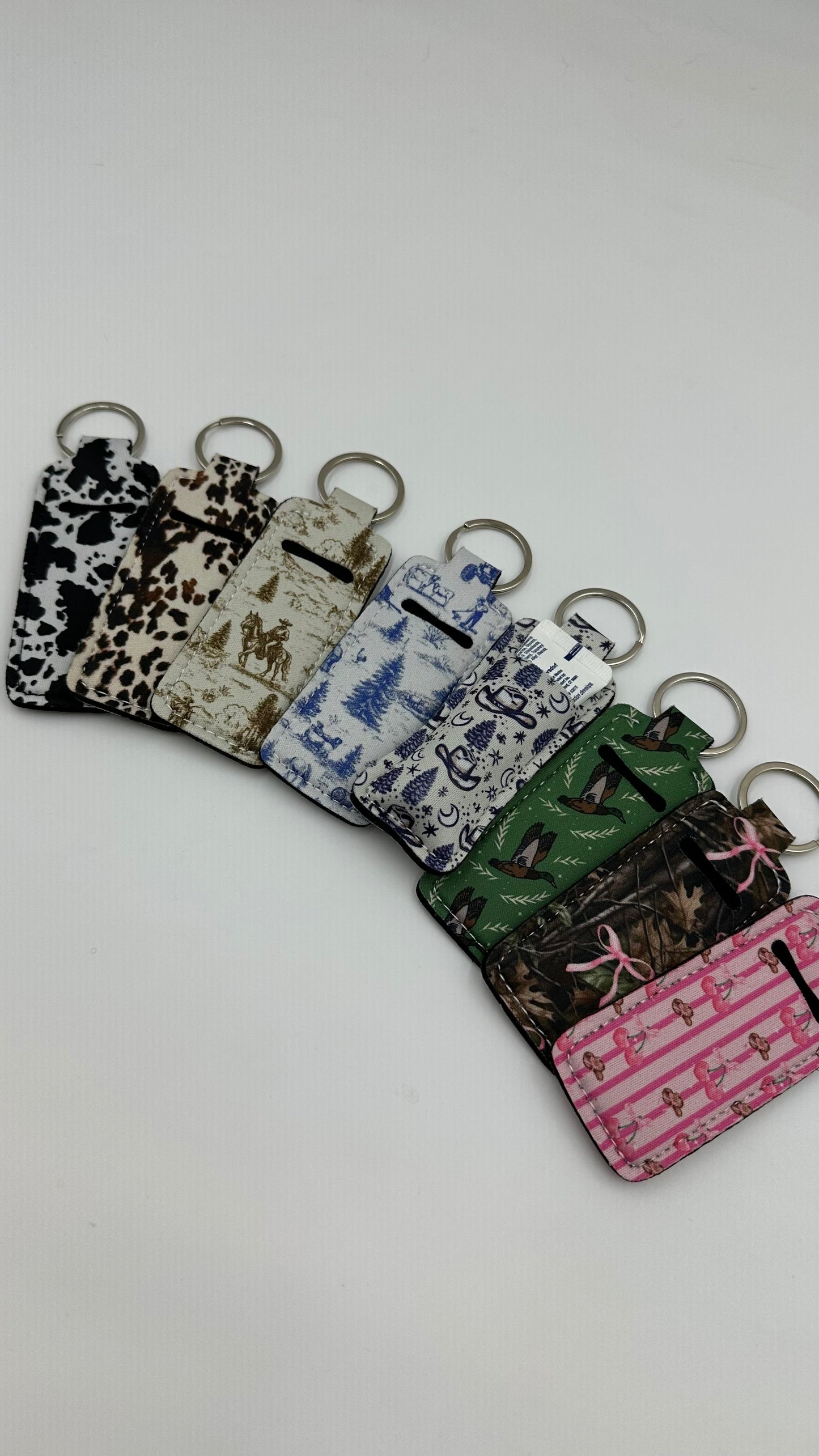 Chapstick Holder Keychain – Cow Print, Camo Pink Bow, Cowboy Toile, Barn Toile, croquette, duck, moon