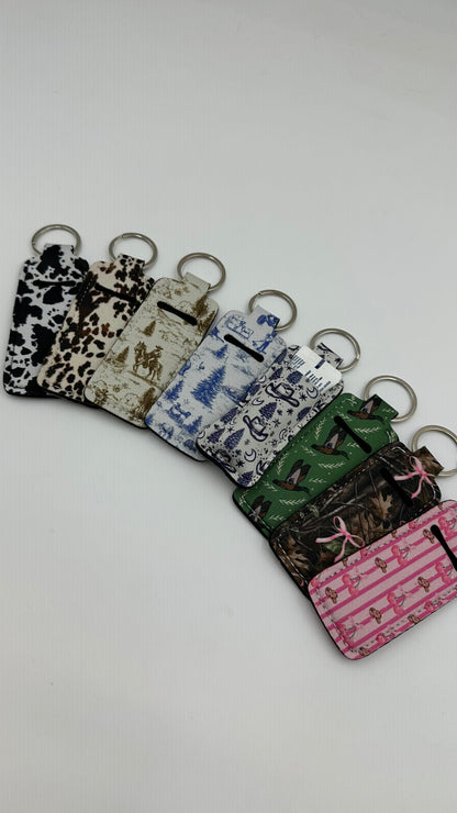 Chapstick Holder Keychain – Cow Print, Camo Pink Bow, Cowboy Toile, Barn Toile, croquette, duck, moon