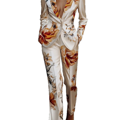 Fashion Printed Satin Long Sleeve Suit Set Two-Piece Set